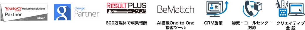 YAHOO!JAPAN マーケティングソリューション 正規代理店 Google Partner RESULTPLUS 600万媒体で成果報酬 BeMattch AI搭載One to One接客ツール CRM施策 物流・コールセンター対応 クリエイティブ全般